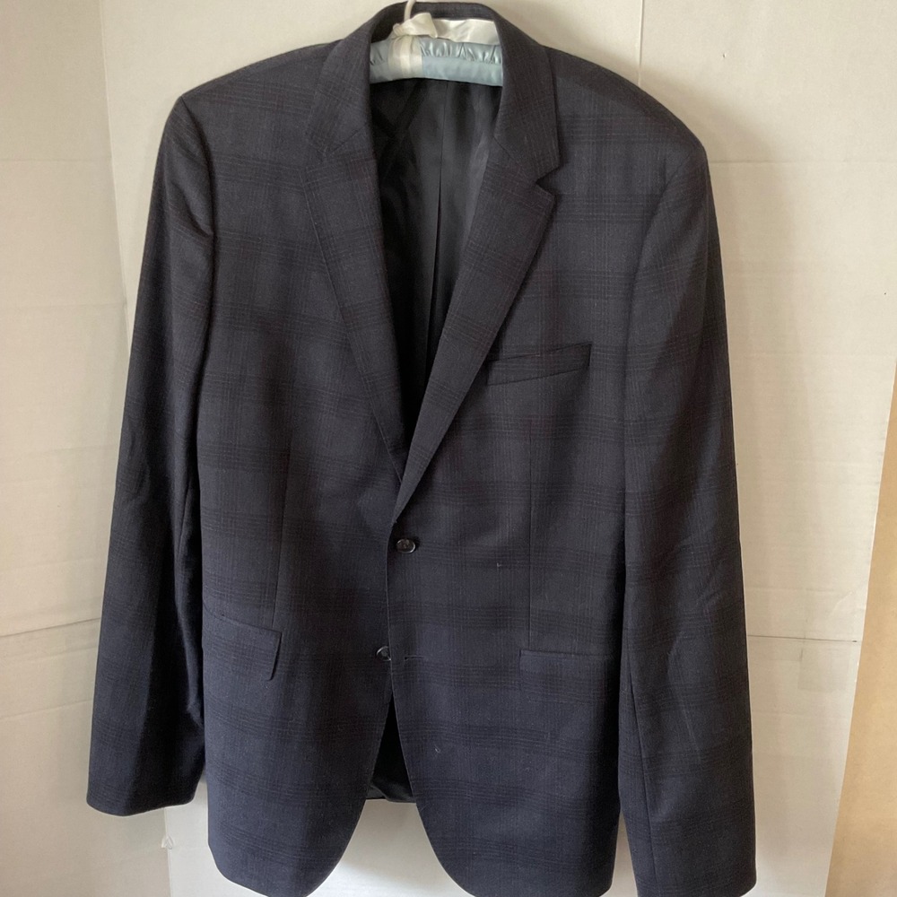 Hugo Boss Mens 44L Navy Blue Tonal Plaid 100% Virgin Wool 2-Button Sport Coat